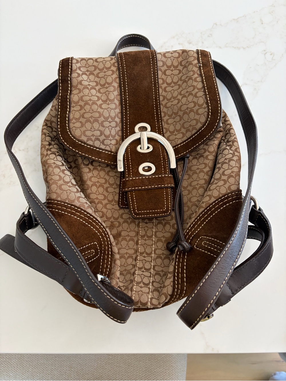 Coach Signature Canvas & Suede Backpack in Brown and Dark Brown
